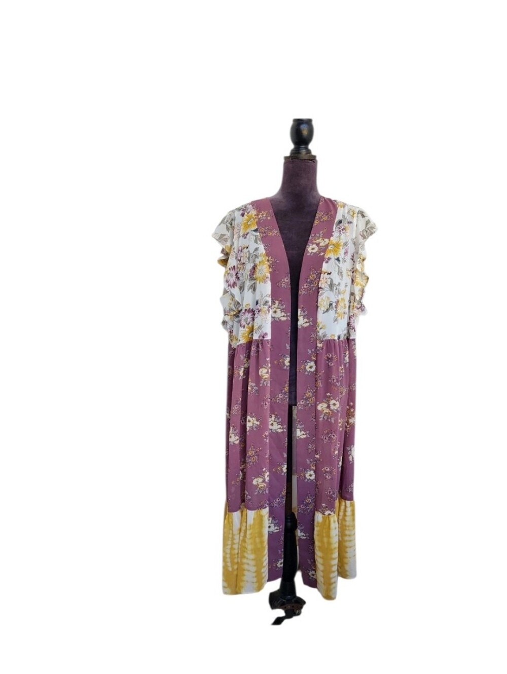 Cato’s Women’s Pink Yellow Floral Open Front Cardigan Duster Ruffle Sz XL - Picture 2 of 6